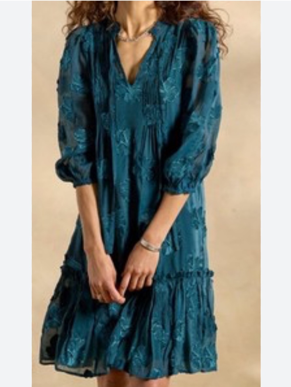 Sundance Teal Floral Tie-Neck Women’s Dress size L